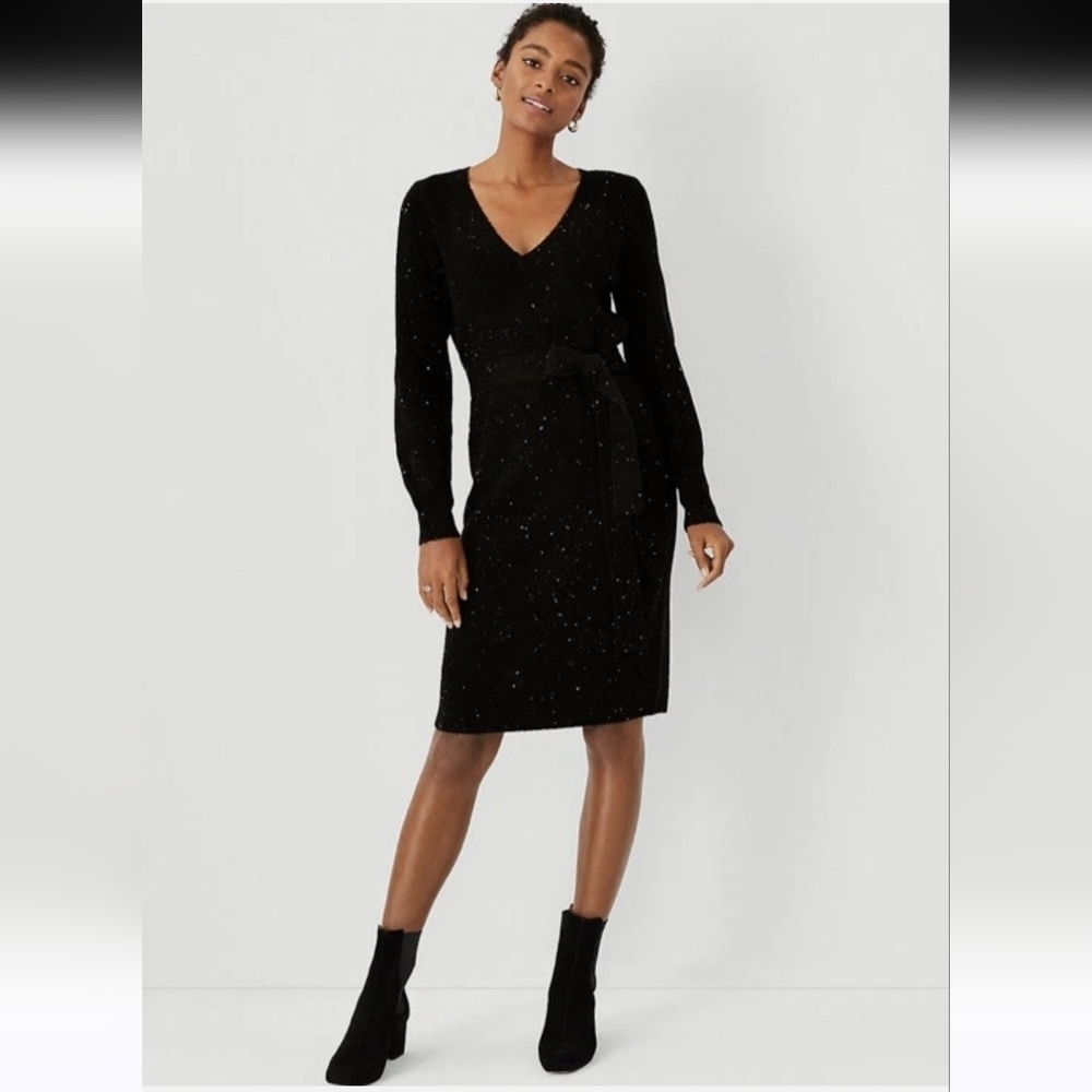 Ann Taylor Shimmer Belted Sweater Dress Black Size Medium NWT
